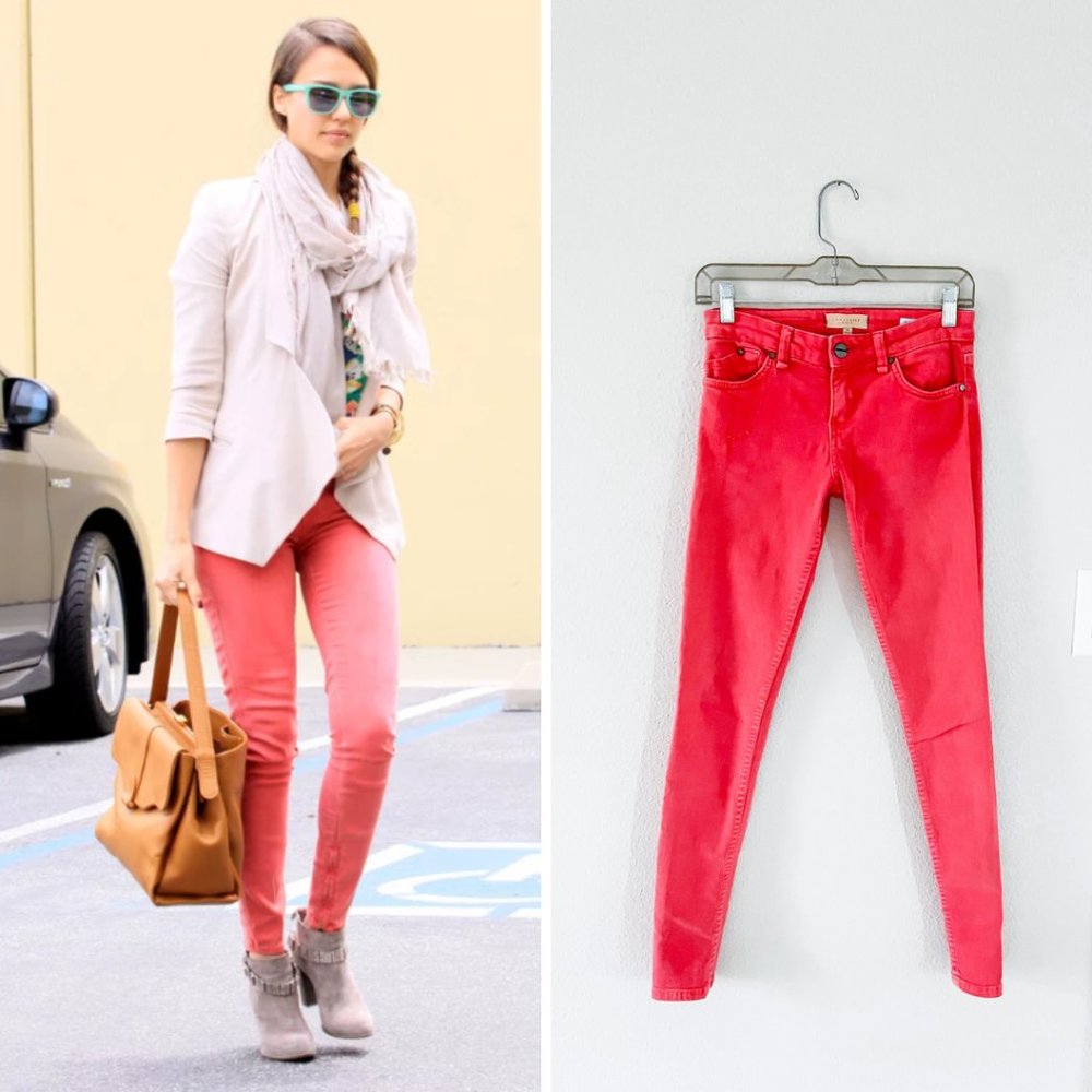 Sanctuary The Charmer Rhubarb Coral Skinny Jeans as seen on Jessica Alba